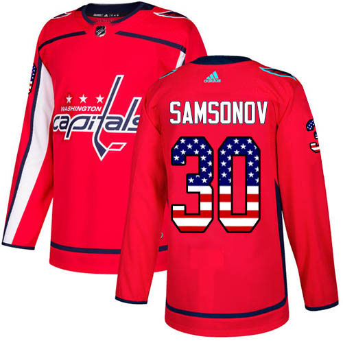 Cheap Men Adidas Washington Capitals 30 Ilya Samsonov Red Home Authentic USA Flag Stitched NHL Jersey